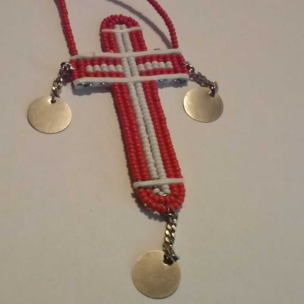 Cross Necklace With Silver Dangles Made With Cord Hangs 15" UNISEX